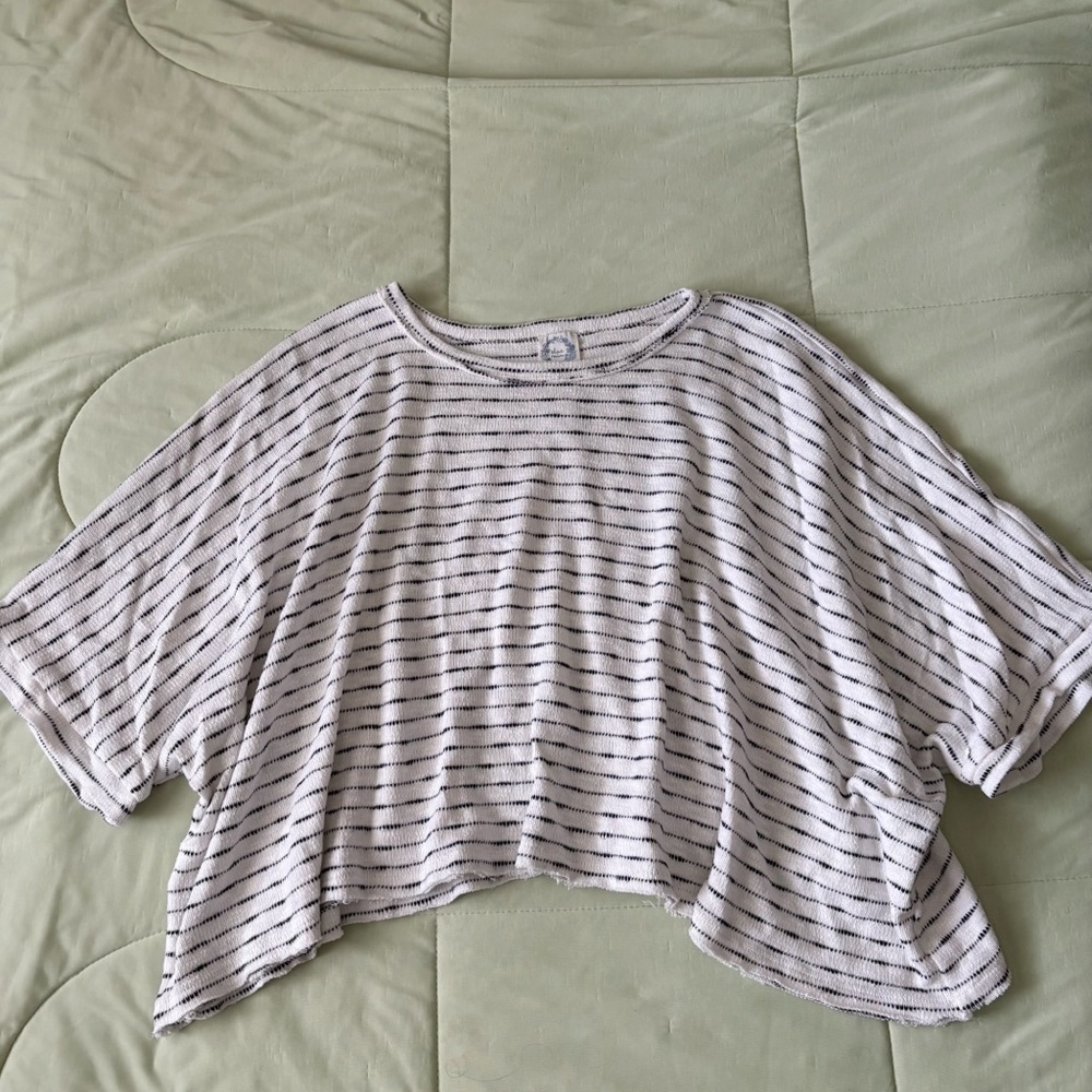 Blue Rain White Black Cotton Blend Cropped Striped Short Sleeve Oversized Size L